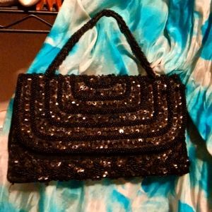 Vintage Mid Century Early 1950's Evening Black Beaded Silk Wrist/Clutch …